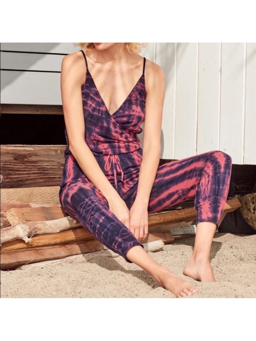 Sundry Tie-Dye V-Neck Spaghetti Strap Jumpsuit in Navy & Coral